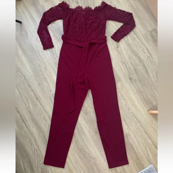 SHEIN Off Shoulder Lace Bodice Black Jumpsuit Size S 8 Burgundy - Picture 1 of 5